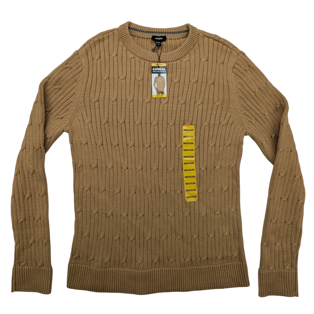 Express Sweater Mens Medium Cable Knit Tan Crewneck Pullover 100% Cotton New